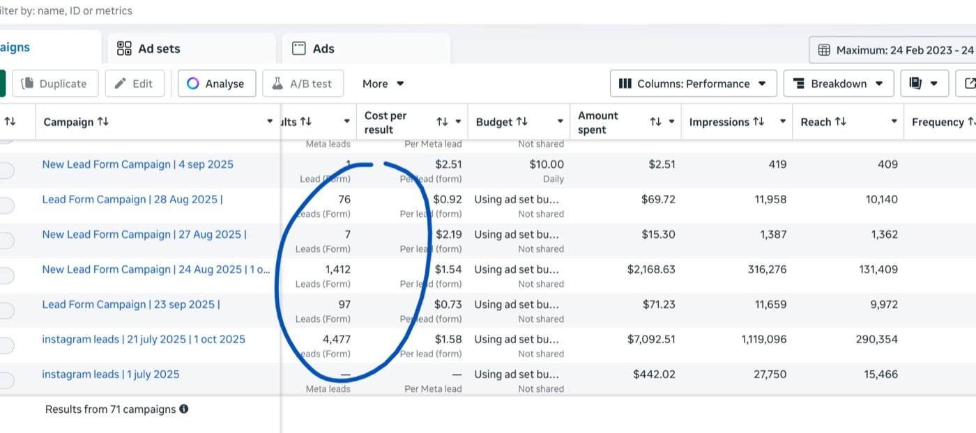 Meta ads campaign results screenshot